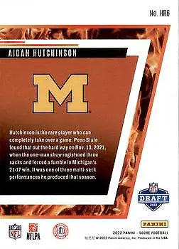 Aidan Hutchinson football trading card, Score Hot Rookies, featuring gold Michigan ’M’ logo