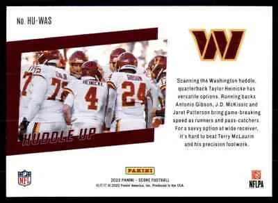 Football trading card featuring 2022 Score Huddle Up Team Card Washington Commanders