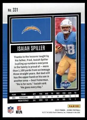 Isaiah Spiller football card for Los Angeles Chargers 2022 Score Rookie #331