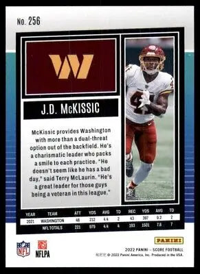 J.D. McKissic football card from 2022 Score Washington Commanders #256, text-align center