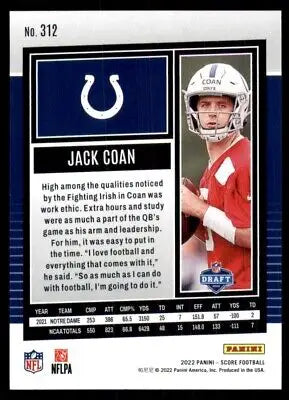 Jack Coan football card from 2022 Score Rookie Indianapolis Colts #312, text-align center