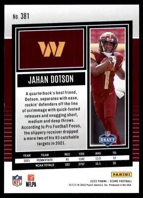 Jahan Dotson Rookie card from 2022 Score Washington Commanders #381 displayed center