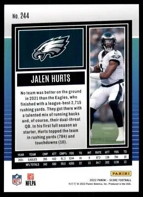 Jalen Hurts 2022 Score Philadelphia Eagles #244 football card for collectors