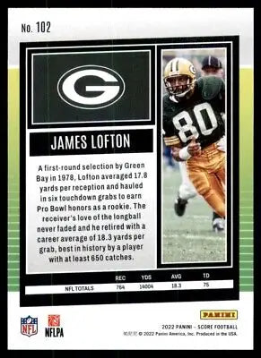 James Lofton football card for Green Bay Packers 2022 Score #102, text-align center