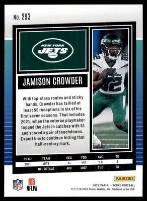 Jamison Crowder football card from 2022 Score New York Jets #293 text-align center