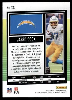 Jared Cook football card from 2022 Score Los Angeles Chargers #135, text-align center