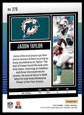 Jason Taylor football card from 2022 Score Miami Dolphins #279, text-align center design