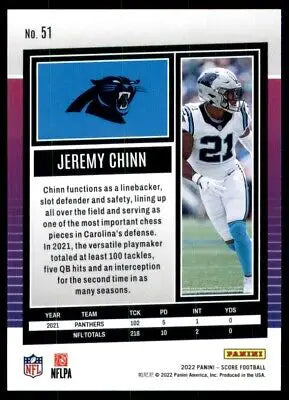 2022 Score Jeremy Chinn Carolina Panthers #51 football card displayed center aligned