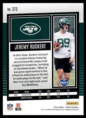 Jeremy Ruckert football card from 2022 Score New York Jets #373 text-align center