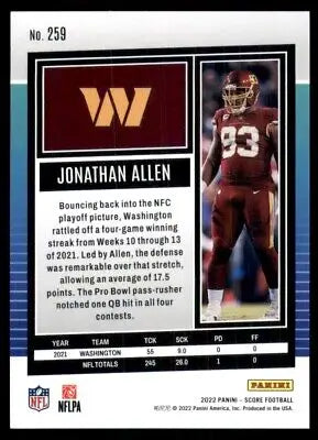 Jonathan Allen football card from 2022 Score Washington Commanders #259 display