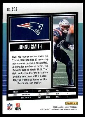 Jonnu Smith football card from 2022 Score New England Patriots #283 display