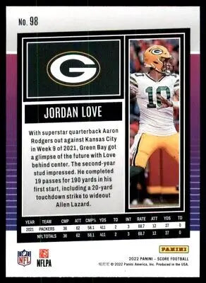 Jordan Love football card for Green Bay Packers 2022 Score #98 text-align center display