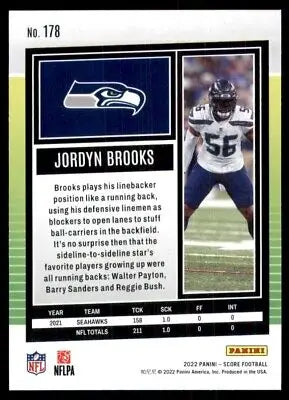 Jordyn Brooks football card 2022 Score Seattle Seahawks #178 text-align center display