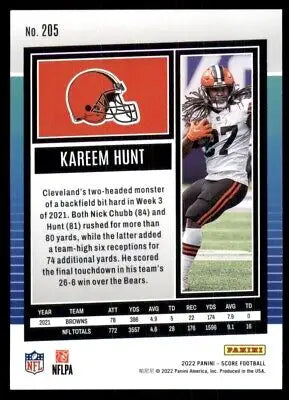 Kareem Hunt 2022 Score Cleveland Browns #205 football card displayed text-align center