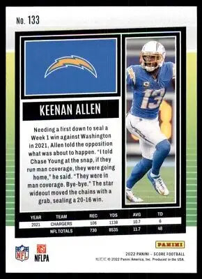 Keenan Allen 2022 Score football card featuring Los Angeles Chargers #133