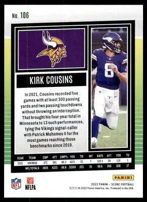 Kirk Cousins Minnesota Vikings Football Trading Card 2022 Score #106 text-align center