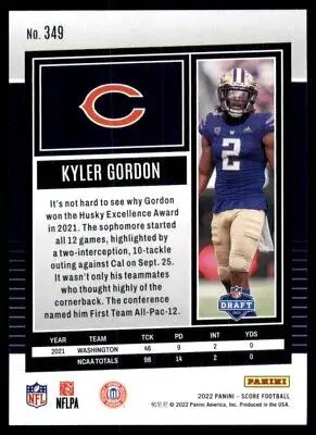 Kyler Gordon 2022 Score Rookie Football Card Chicago Bears #349 displayed center