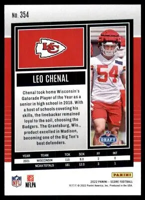 Leo Chenal football card for Kansas City Chiefs 2022 Score Rookie #354 text-align center