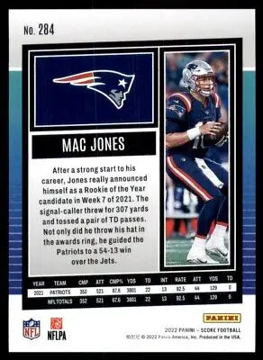 Mac Jones Football Card from 2022 Score New England Patriots #284, text-align center