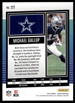 Michael Gallup football card from 2022 Score Dallas Cowboys #221, text-align center