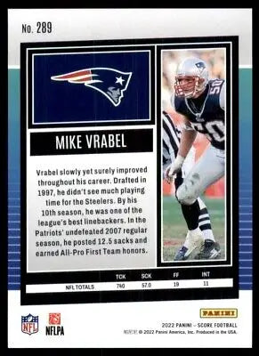 Mike Vrabel football card from 2022 Score New England Patriots, text-align center design