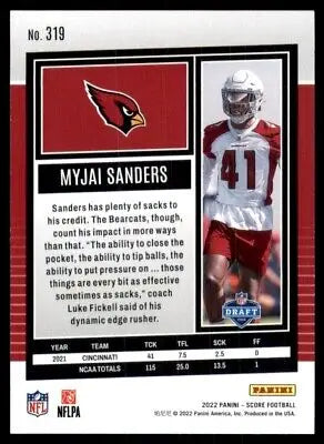 Myjai Sanders 2022 Score Rookie Card Arizona Cardinals centered and high-quality