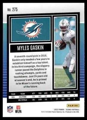 Myles Gaskin 2022 Score Football Card Miami Dolphins #275 for collectors and fans