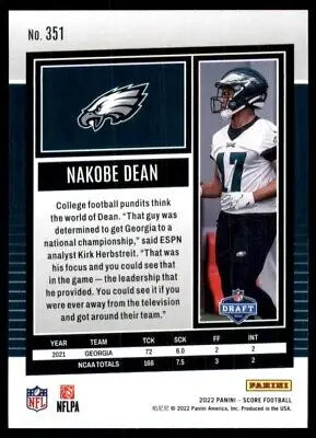 Nakobe Dean 2022 Score Rookie Card Philadelphia Eagles #351, perfect for collectors