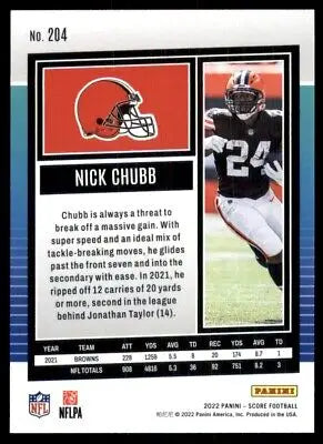 Nick Chubb football card for Cleveland Browns, 2022 Score #204 collectible item