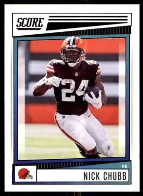 Football trading card of Nick Chubb in a Cleveland Browns jersey carrying the ball