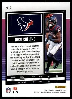 Nico Collins football card 2022 Score Houston Texans #2 with text-align center design