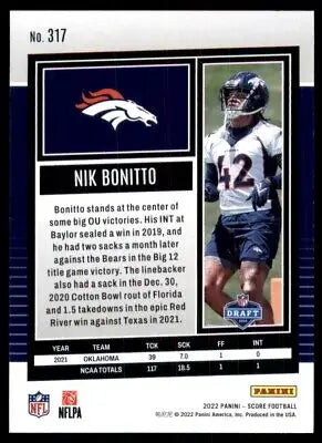 Nik Bonitto football card from 2022 Score Rookie #317 text-align center для Denver Broncos