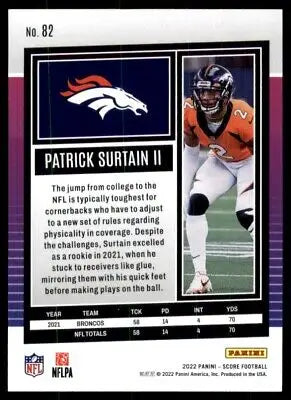 Patrick Surtain II football card from 2022 Score Denver Broncos product #82