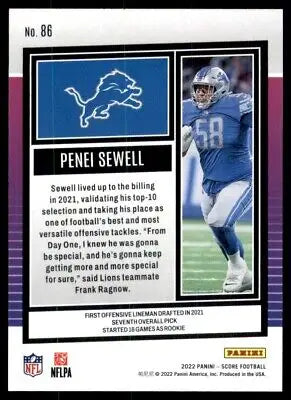 Penei Sewell football card in 2022 Score Detroit Lions #86, text-align center