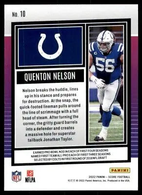 Quenton Nelson football card from 2022 Score Indianapolis Colts #10 with text-align center