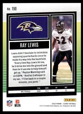 Ray Lewis football card from 2022 Score featuring Baltimore Ravens #190 design