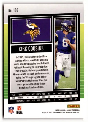 2022 Score Red Kirk Cousins football card with original gloss, Vikings collectible