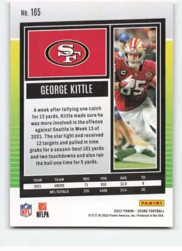 George Kittle football card 2022 Score Red #165 original gloss from the 49ers