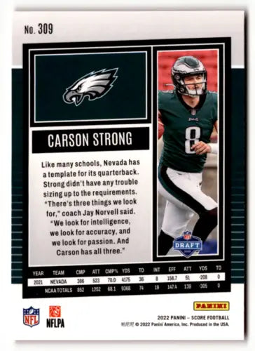 NFL trading card of Carson Strong, 2022 Score Red #309, original gloss, Eagles rookie