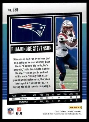 Rhamondre Stevenson football card from 2022 Score New England Patriots #286