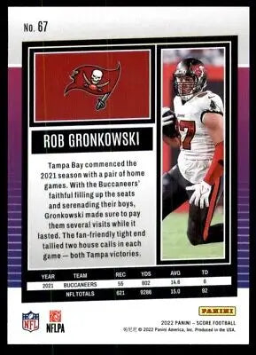 Rob Gronkowski football card from 2022 Score, Tampa Bay Buccaneers #67 centered display