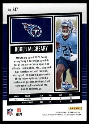 Roger McCreary rookie football card for Tennessee Titans 2022 Score #347