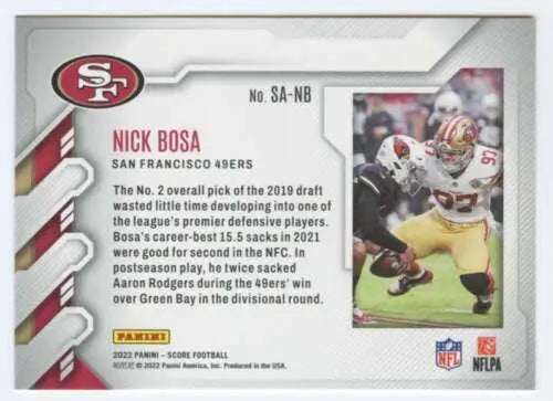 Nick Bosa football card in original gloss from Score Sack Attack 2022 NM-MT 49ers