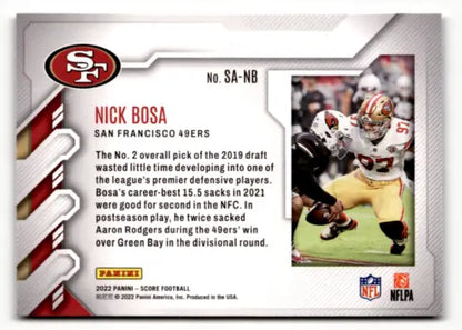 Nick Bosa 2022 Score Sack Attack football card in near mint condition, 49ers