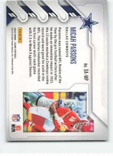 Micah Parsons football card 2022 Score Sack Attack NM-MT original gloss Cowboys