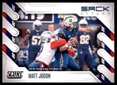 Football trading card featuring 2022 Score Sack Attack Matt Judon, New England Patriots