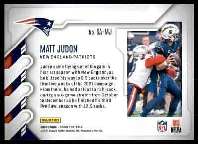 Matt Judon football card from 2022 Score Sack Attack New England Patriots #SA-MJ