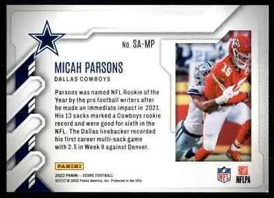 Micah Parsons football card from 2022 Score Sack Attack Dallas Cowboys #SA-MP