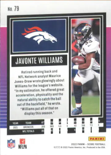 Javonte Williams Denver Broncos football card 2022 Score Scorecard #79 NM-MT