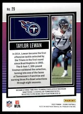 Taylor Lewan 2022 Score football card for Tennessee Titans #29 with text-align center layout